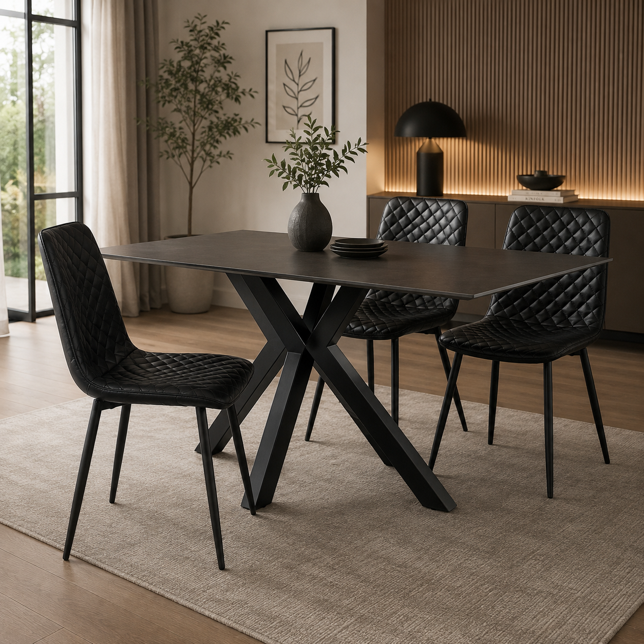 1.2 Kay dining table + 4 black pu chairs